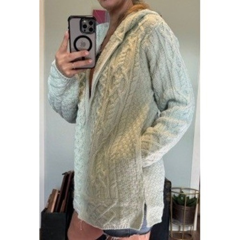 Aran Crafts Ireland Merino Wool Hooded Zip Cardigan Mint Green Sage Large NEW - Picture 3 of 9